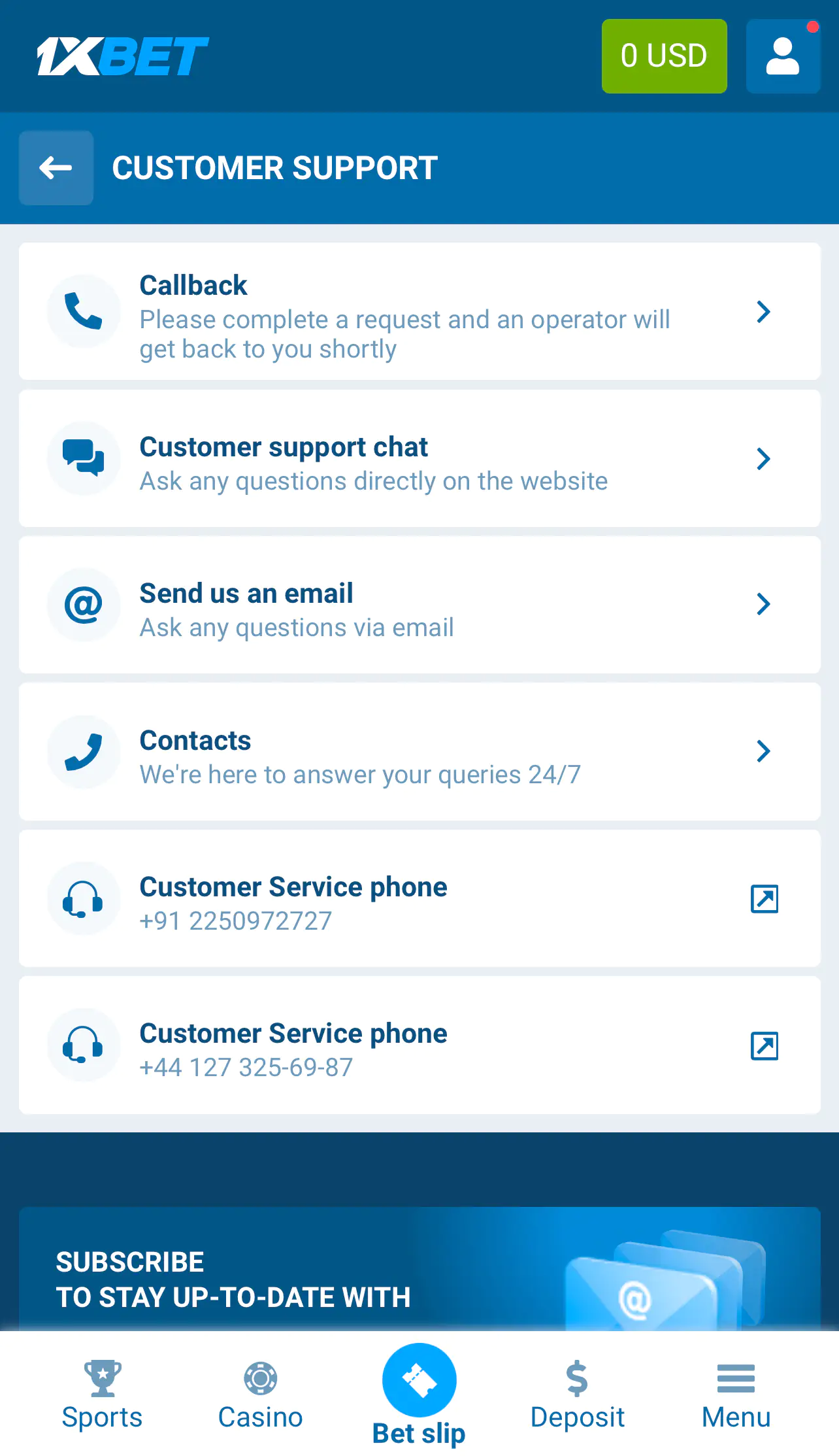 1xBet Customer Support 1