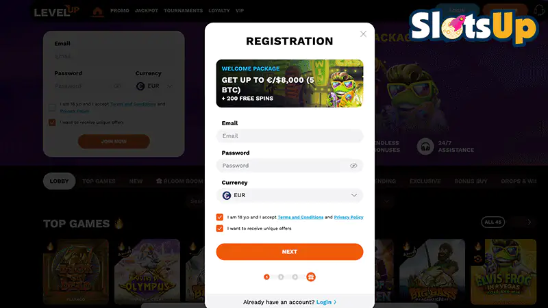 LevelUp Casino Sign Up Screen 1