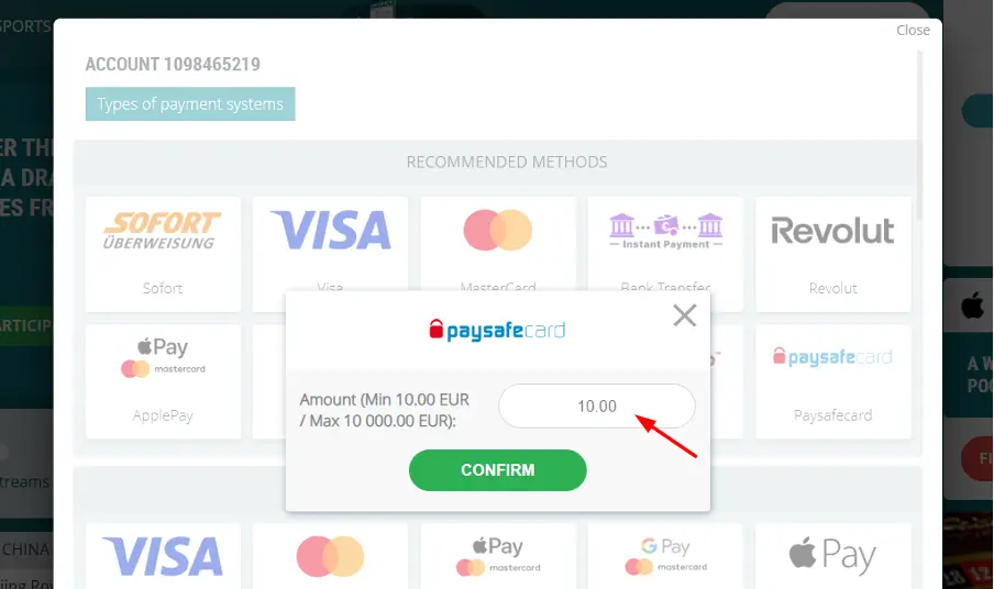Paysafecard Casino Deposit Screen 3