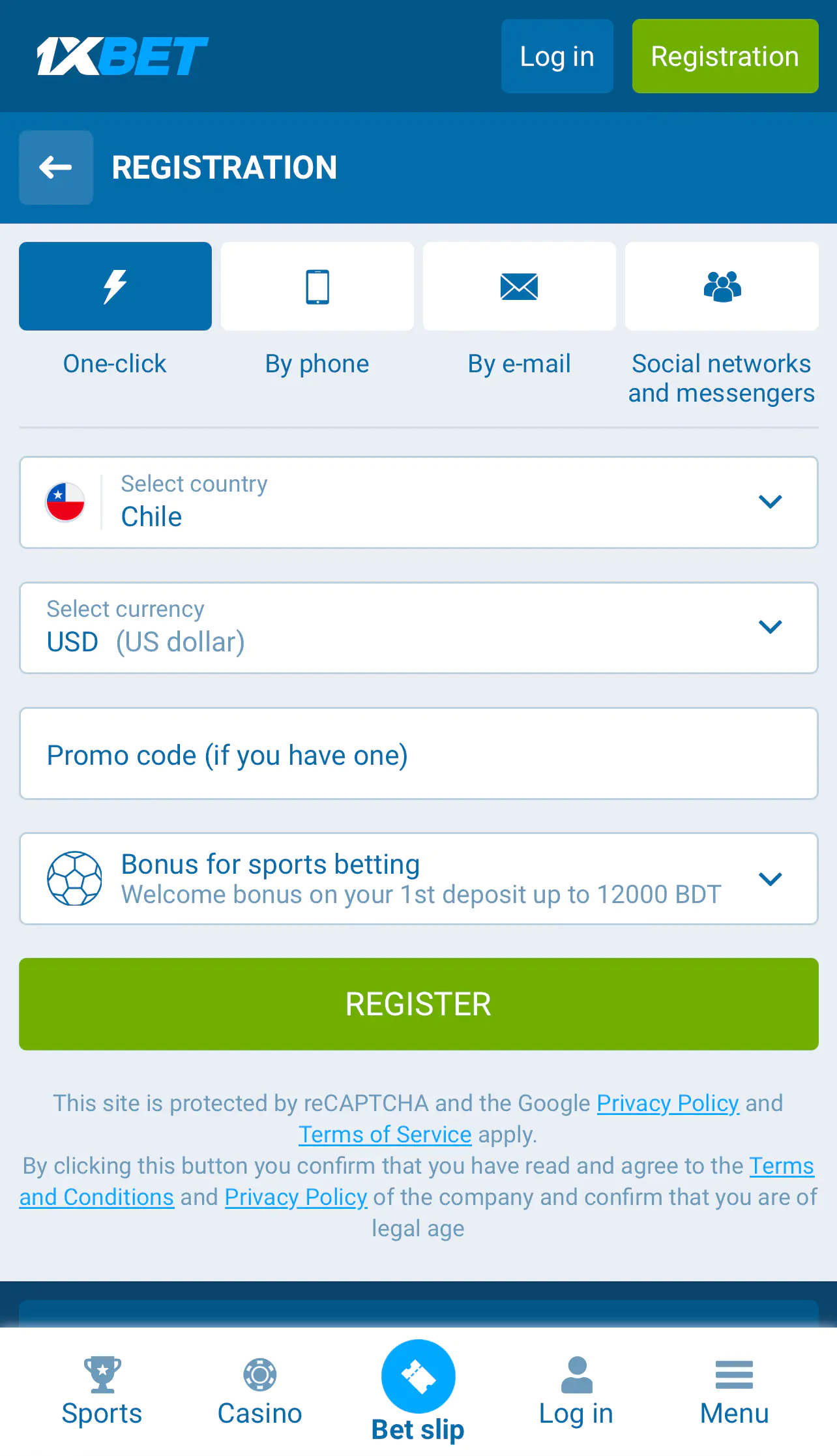 1xBet Registration 1