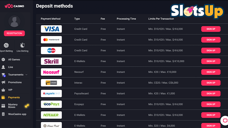 Woocasino Payments