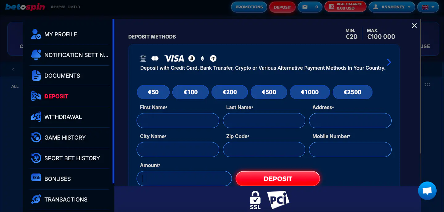 BetOspin Casino Sign Up Screen 2