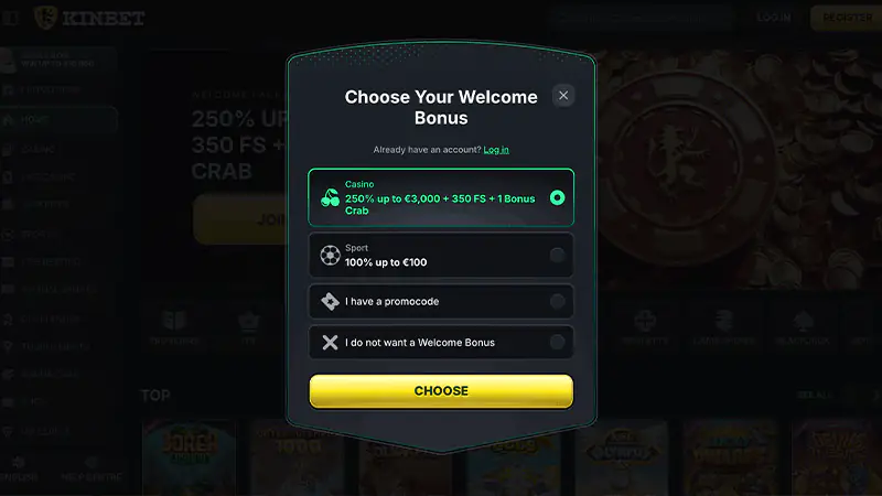 KinBet Casino Sign Up Screen 2