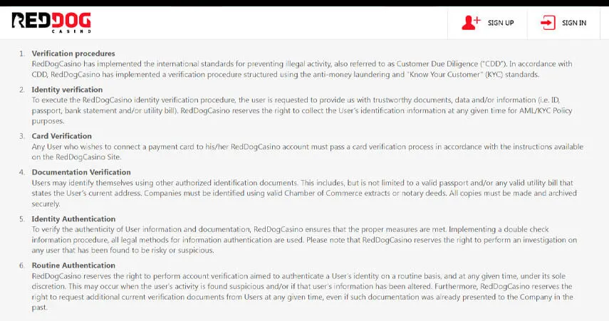 Red Dog Casino KYC Terms
