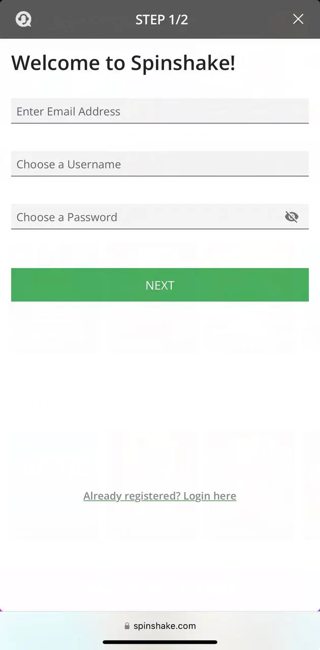 SpinShake Casino Sign Up Step 2