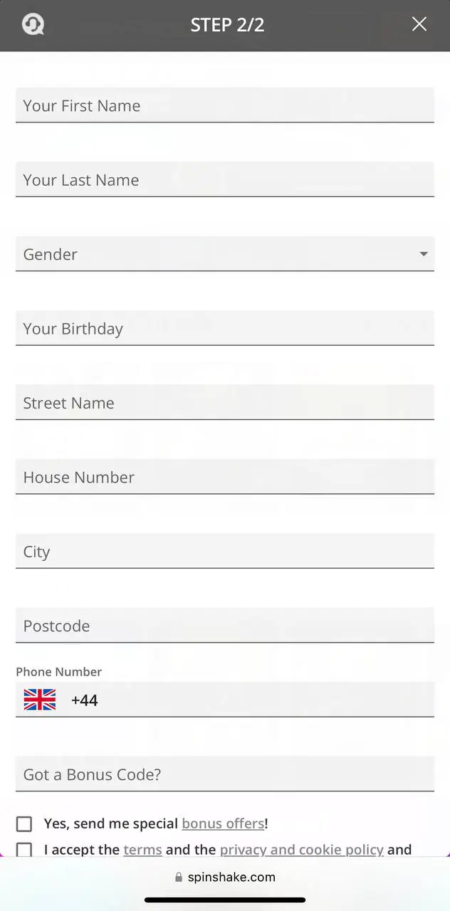 SpinShake Casino Sign Up Step 3